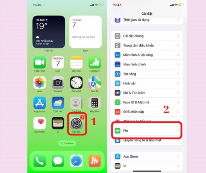 Cách 3: Kiểm tra dung lượng pin của iPhone bằng cách vào cài đặt, chọn mục Pin và kiểm tra dung lượng pin còn lại trên điện thoại.