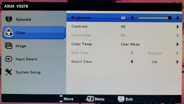Tùy chọn điều chỉnh độ sáng trên màn hình Asus.