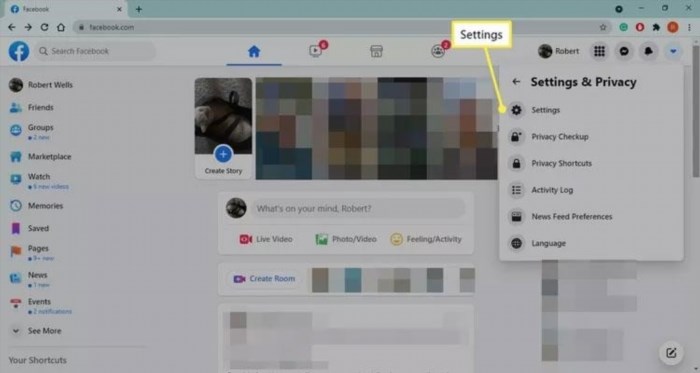 Phần Settings được highlight trên trang web Facebook.com để người dùng có thể tùy chỉnh các cài đặt cá nhân và quyền riêng tư của mình.