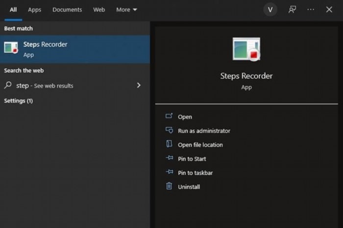 Tìm kiếm ứng dụng Steps Recorder giúp ghi lại và theo dõi các bước thực hiện trên máy tính, hỗ trợ trong việc gỡ lỗi và chia sẻ hướng dẫn với người dùng khác.