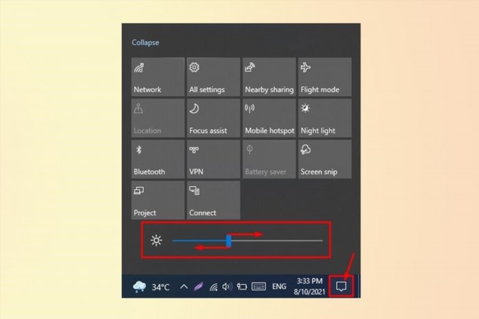 Bạn có thể chỉnh độ sáng màn hình máy tính Win 10 bằng Action Center, một tính năng tiện lợi để điều chỉnh cường độ sáng theo ý muốn của bạn.
