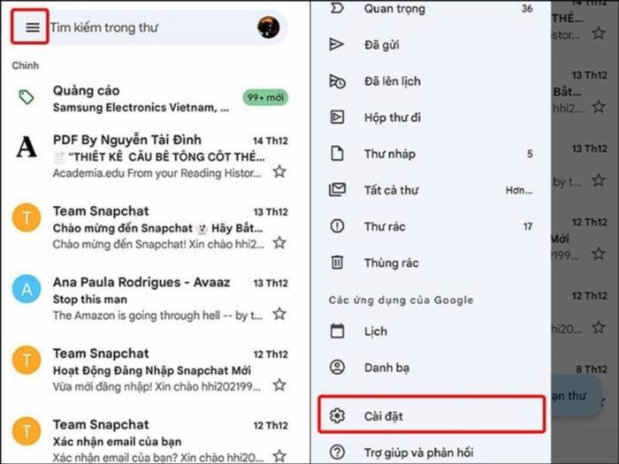 Cách thay đổi tên Gmail trên điện thoại - Nhấn vào biểu tượng 3 dấu gạch ngang và chọn cài đặt.