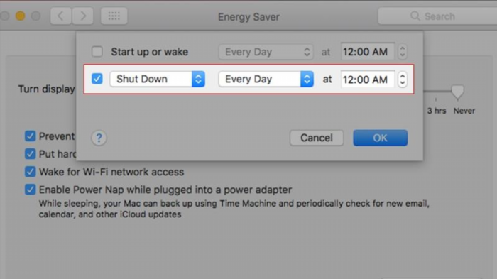 MacBook có tính năng hẹn giờ tắt máy, giúp người dùng có thể đặt thời gian cụ thể để máy tự động tắt sau một khoảng thời gian nhất định.