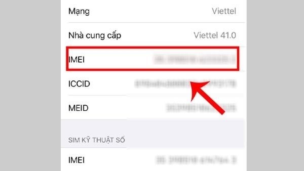 Dãy số IMEI của iPhone được hiển thị ở phía bên phải.