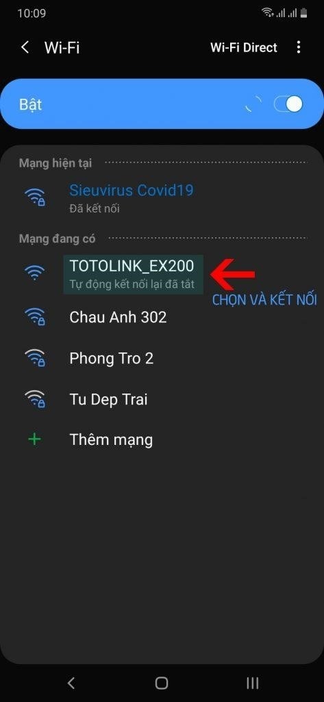 Tìm kiếm tên wifi mang tên TOTOLINK_EX200 là bước thứ 2.