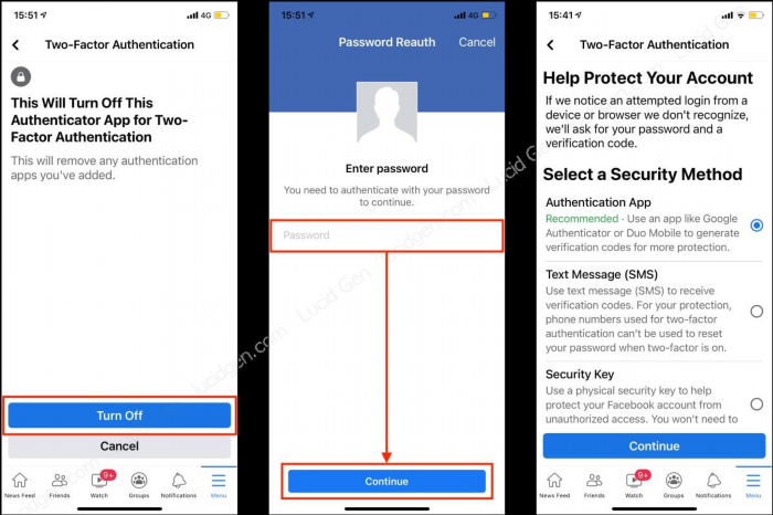 Xác nhận và nhập mật khẩu để vô hiệu hóa xác thực hai yếu tố trên Facebook.