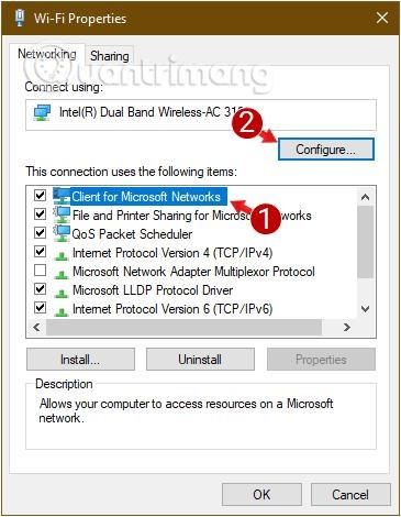 Chọn Configure... ở phần Client for Microsoft Networks