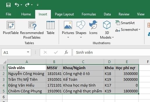 Để tạo bảng trong Excel, bạn có thể sử dụng chức năng Insert Table. Chức năng này cho phép bạn nhanh chóng tạo ra một bảng với các cột và hàng được định dạng sẵn, giúp bạn dễ dàng nhập liệu và tổ chức thông tin một cách hiệu quả.