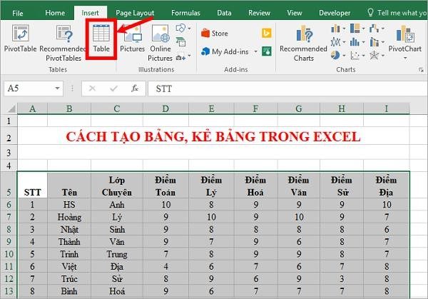 Để tạo bảng trong Excel, bạn có thể sử dụng chức năng Insert Table. Chức năng này cho phép bạn nhanh chóng tạo ra một bảng với các cột và hàng được định dạng sẵn, giúp bạn dễ dàng nhập liệu và tổ chức thông tin một cách hiệu quả.