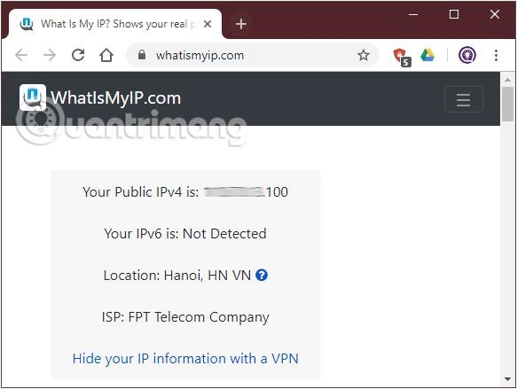 Tìm thông tin IP public bằng cách truy cập vào whatismyip.com.