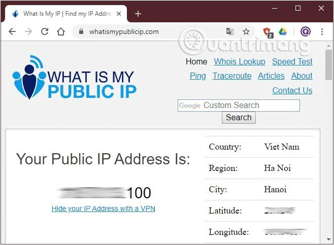 Tìm IP public bằng whatismypublicip.com.