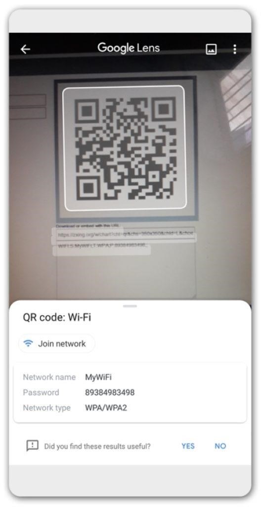 Sử dụng chức năng Google Lens trong ứng dụng Google để quét mã QR wifi.