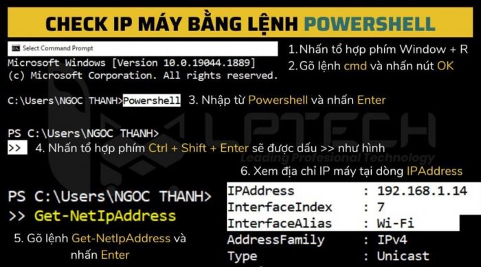 Để kiểm tra địa chỉ IP sử dụng lệnh Powershell, bạn có thể sử dụng lệnh 