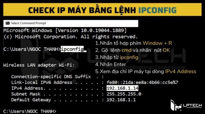 Để kiểm tra địa chỉ IP của một thiết bị, bạn có thể sử dụng lệnh CMD trên máy tính.
