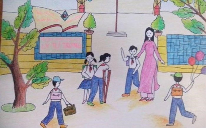 Vẽ học sinh đi học đơn giản để mô phỏng cảnh thường ngày trong cuộc sống học đường, với hình ảnh học sinh đang mang sách vở và túi sách trên vai, bước chân vững vàng trên con đường đến trường.