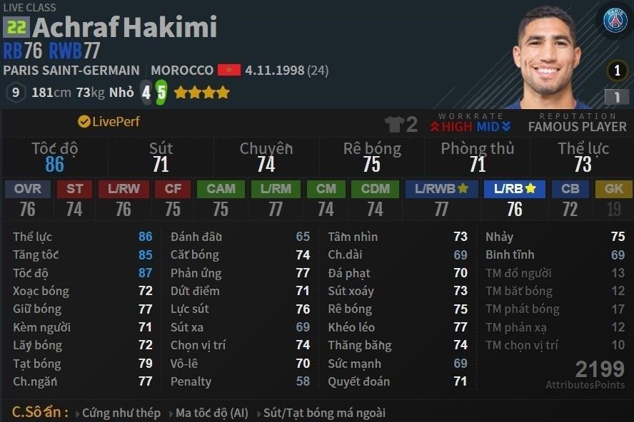 Chỉ số Hakimi mùa Live là các chỉ số thể hiện khả năng chơi bóng của cầu thủ Achraf Hakimi trong phiên bản trò chơi FIFA Live, bao gồm tốc độ, kỹ thuật, dứt điểm và nhiều yếu tố khác.