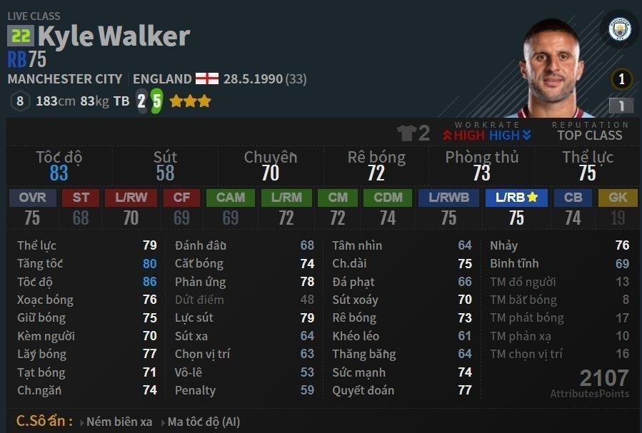 Chỉ số Kyle Walker mùa Live là một phần quan trọng trong trò chơi bóng đá FIFA, được sử dụng để đánh giá và so sánh khả năng và hiệu suất của cầu thủ Kyle Walker trong mùa giải hiện tại.