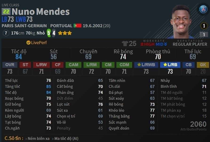 Chỉ số Nuno Mendes mùa Live cung cấp thông tin về hiệu suất của cầu thủ Nuno Mendes trong các trận đấu trực tiếp, bao gồm số bàn thắng, kiến tạo, cú sút, cú đá phạt, và các chỉ số khác để đánh giá đội hình của anh ấy trong mùa giải.