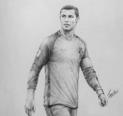 Tranh vẽ Ronaldo đang di chuyển mô tả cảnh anh ta trên sân cỏ, với sự tinh tế trong từng nét vẽ và màu sắc tươi sáng, tạo nên một hình ảnh sống động và đầy nghệ thuật.