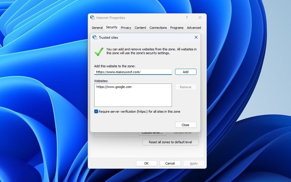 Add button in Internet Options window