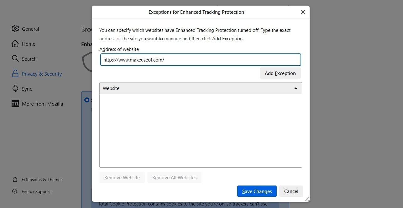 Add exception option in Firefox