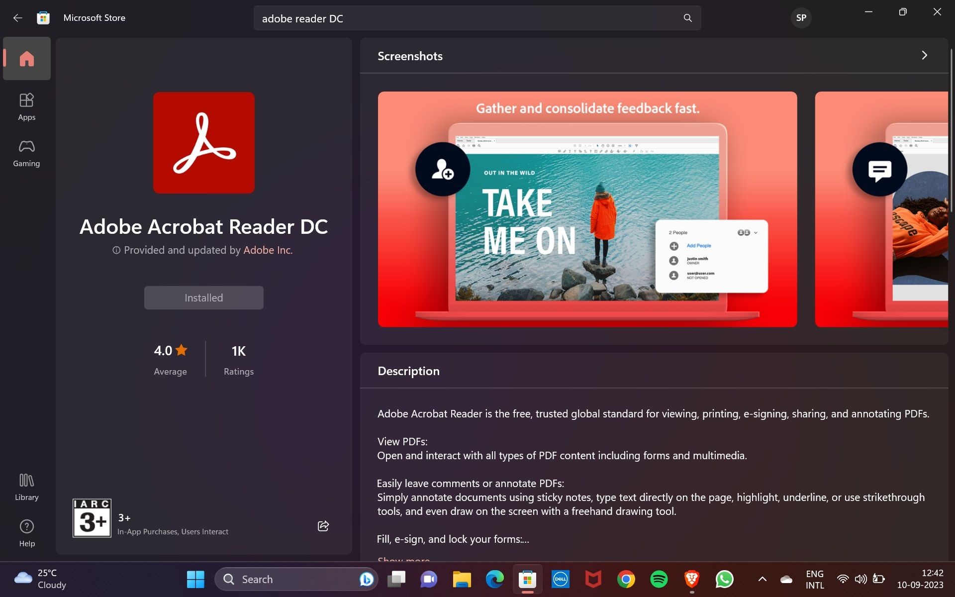 Adobe Acrobat Reader đã được cài đặt từ Microsoft Store