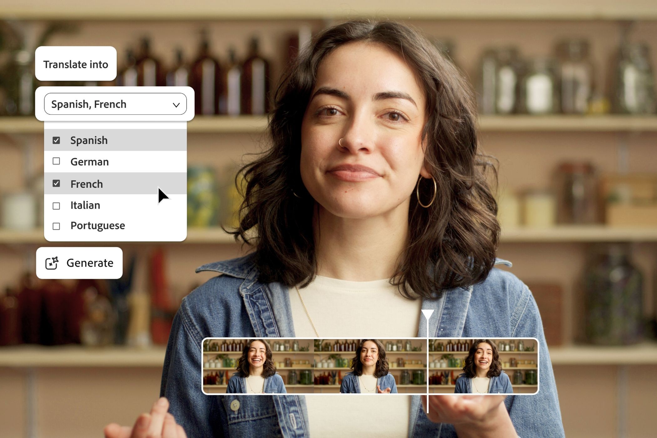 Adobe Firefly Translation Service featuring Woman Speaking and Language Selection Menu