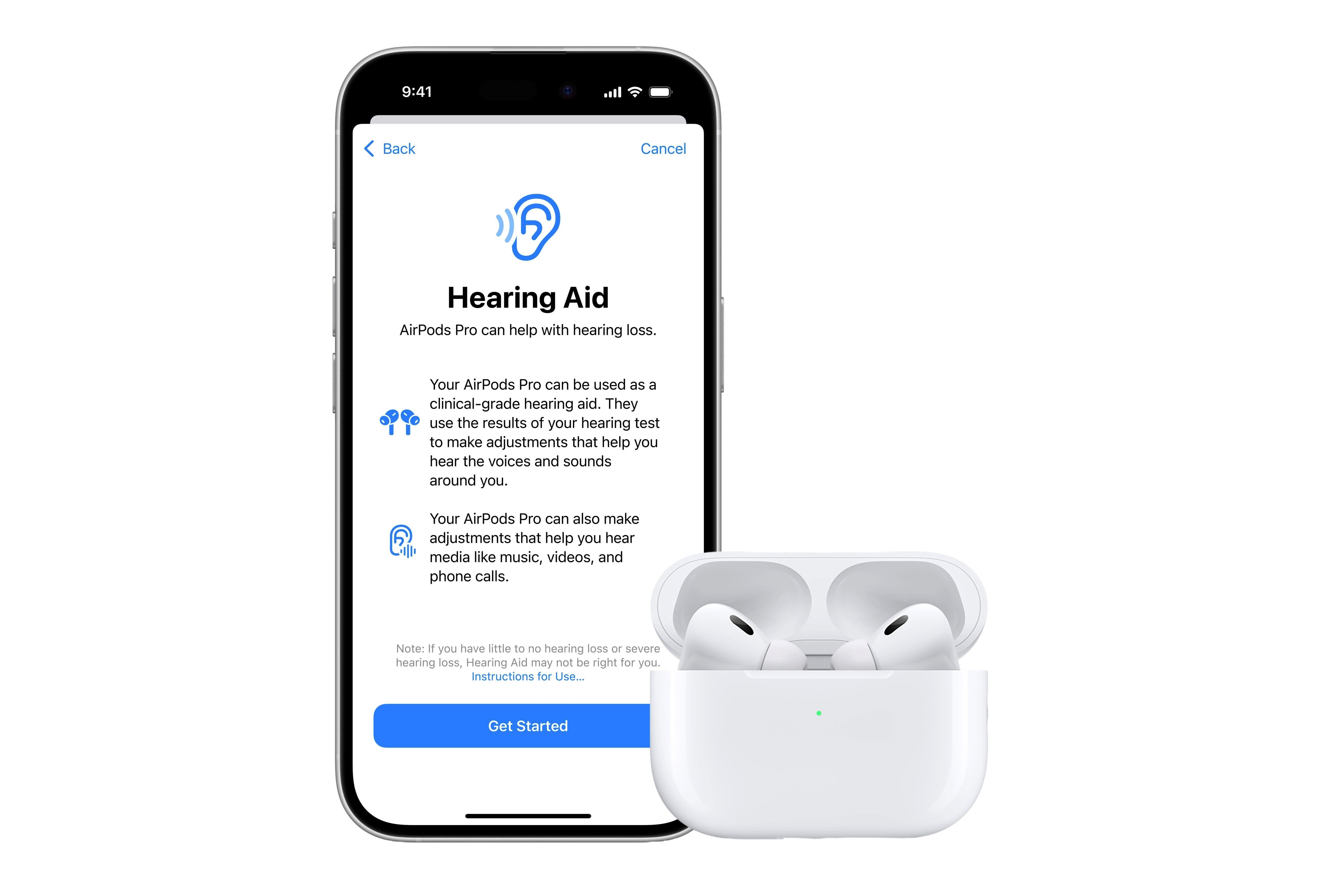 AirPods Pro 2 trong hộp cùng với iPhone hiển thị chức năng máy trợ thính