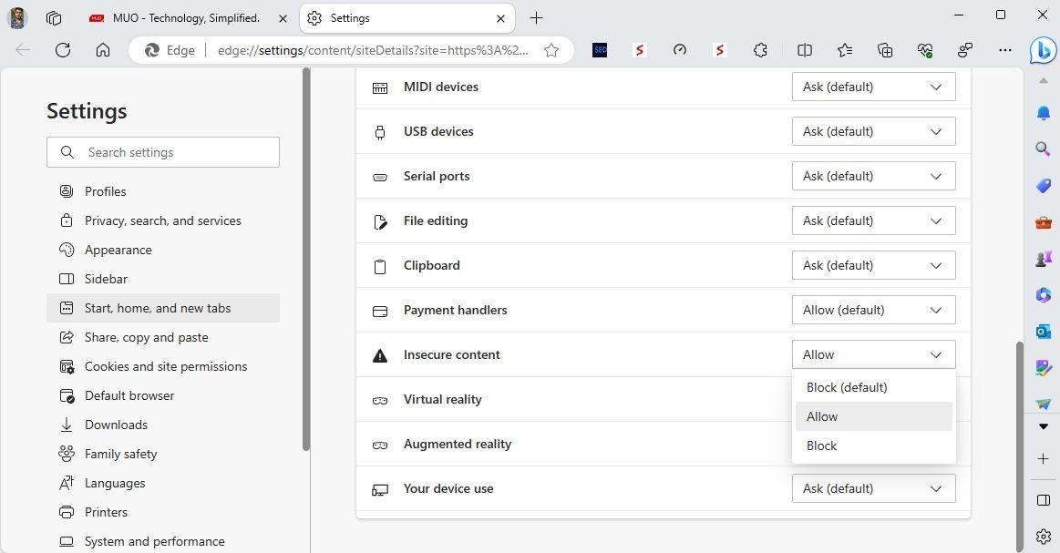 Allow option in Edge