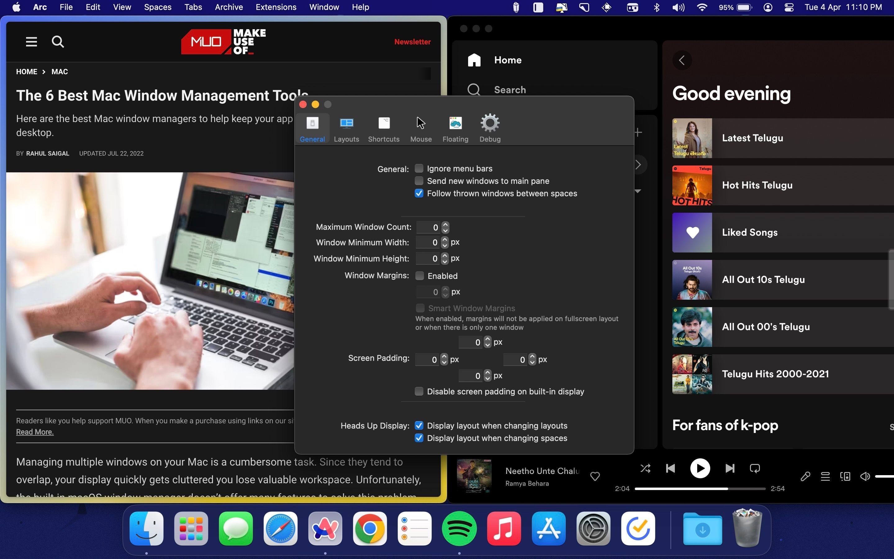 Amethyst cài đặt ưa thích với hai cửa sổ cố định phía sau trên macOS