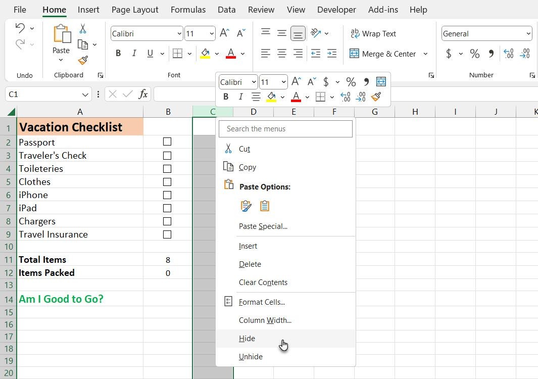 Ẩn cột trong danh sách kiểm tra Excel