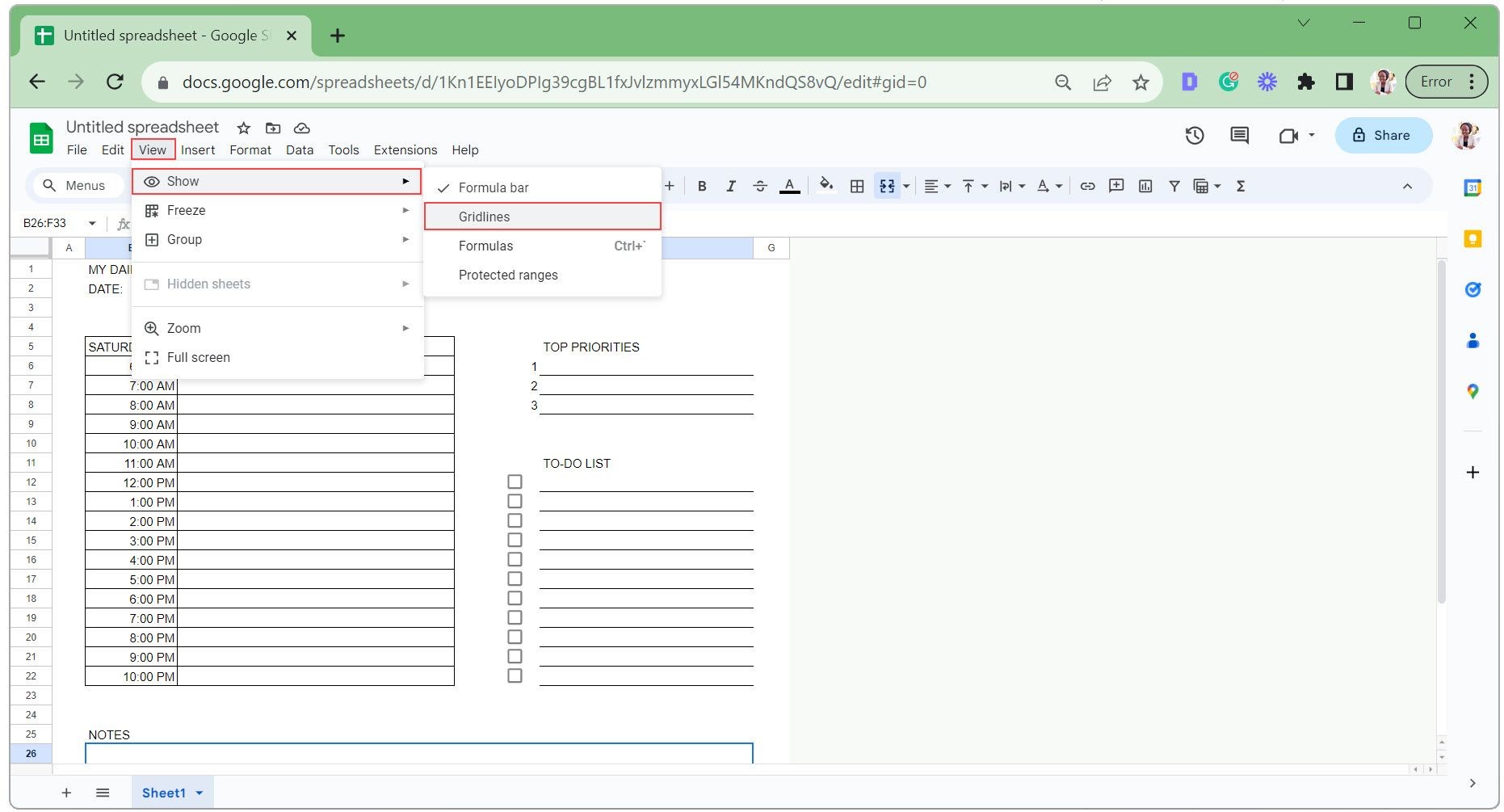 Ẩn đường lưới trong lịch trình số hóa Google Sheets