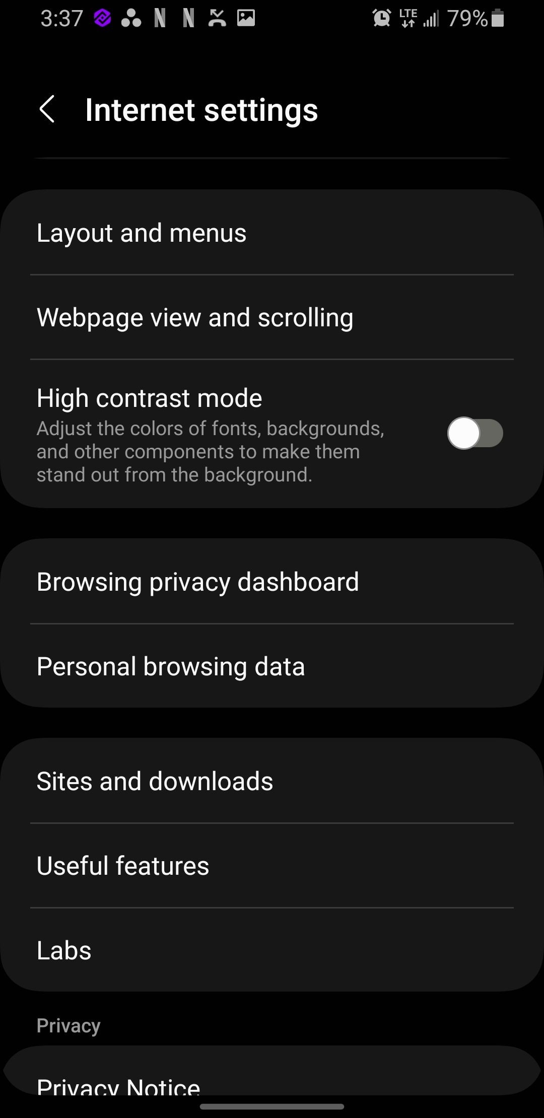 Ảnh chụp màn hình bảng điều khiển quyền riêng tư duyệt web trên Samsung Internet