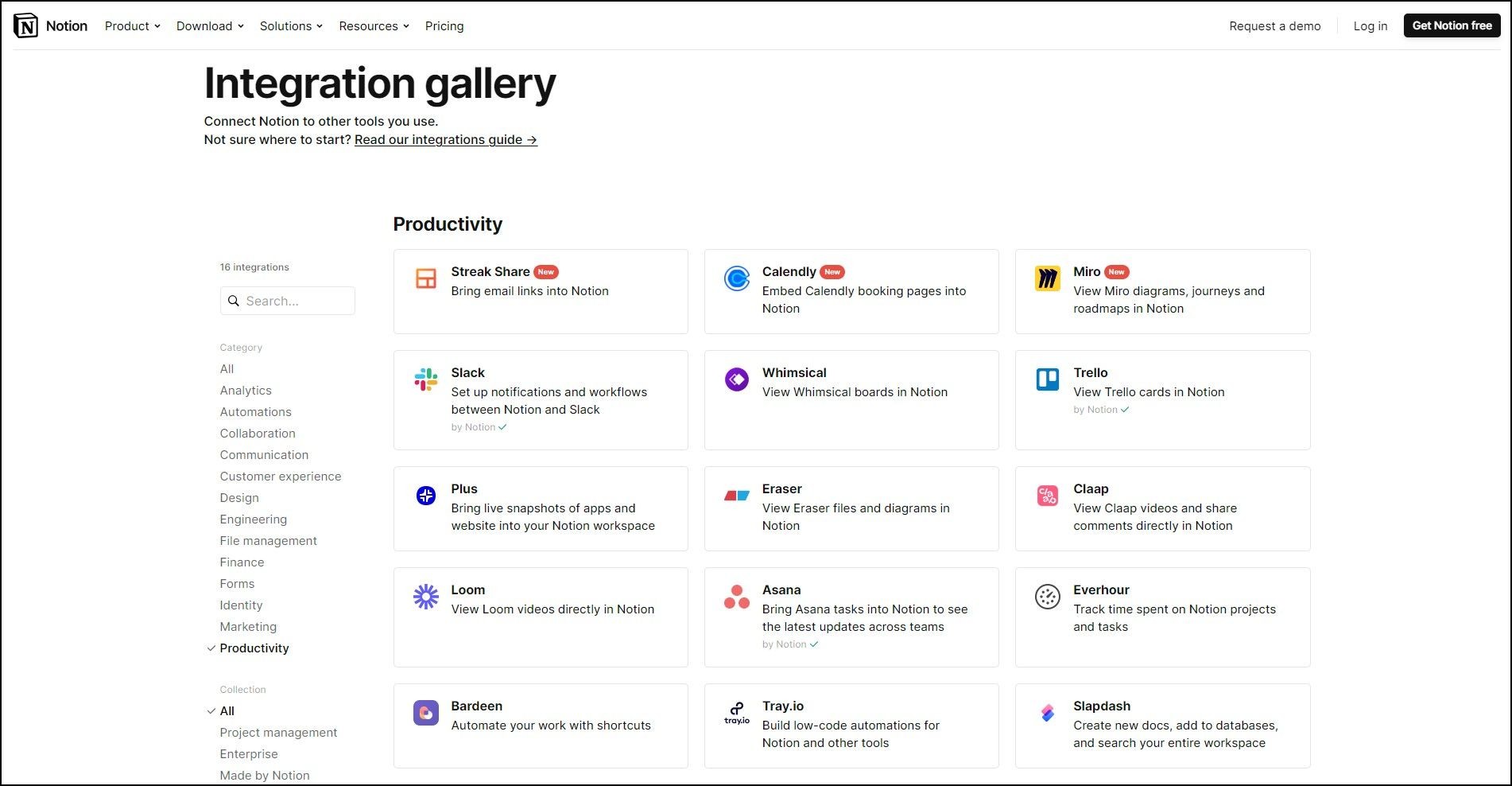 Ảnh chụp màn hình các tích hợp năng suất trên trang gallery tích hợp Notion