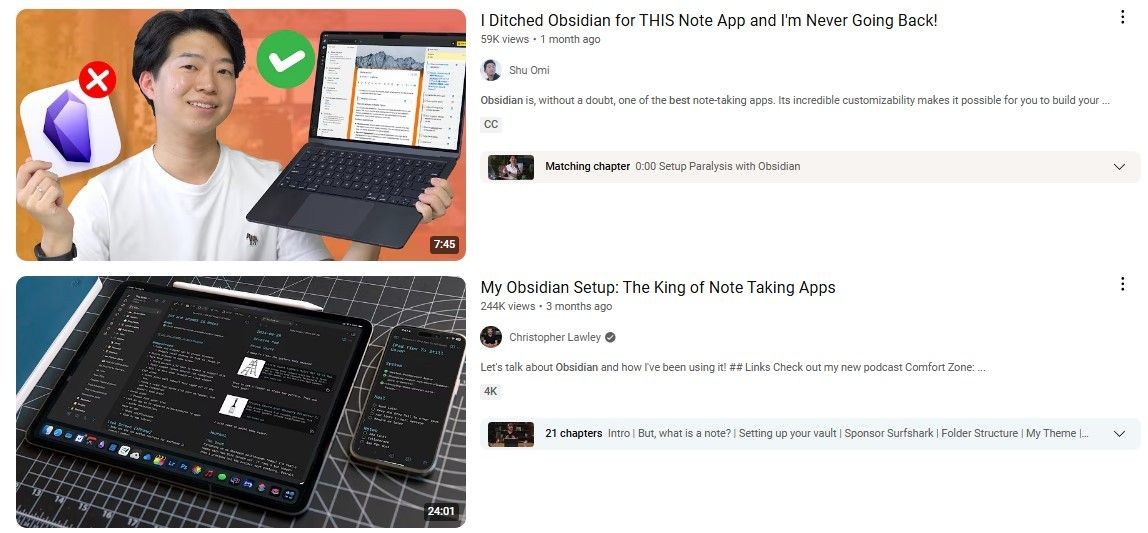 Ảnh chụp màn hình các video YouTube về Obsidian và quản lý kiến thức