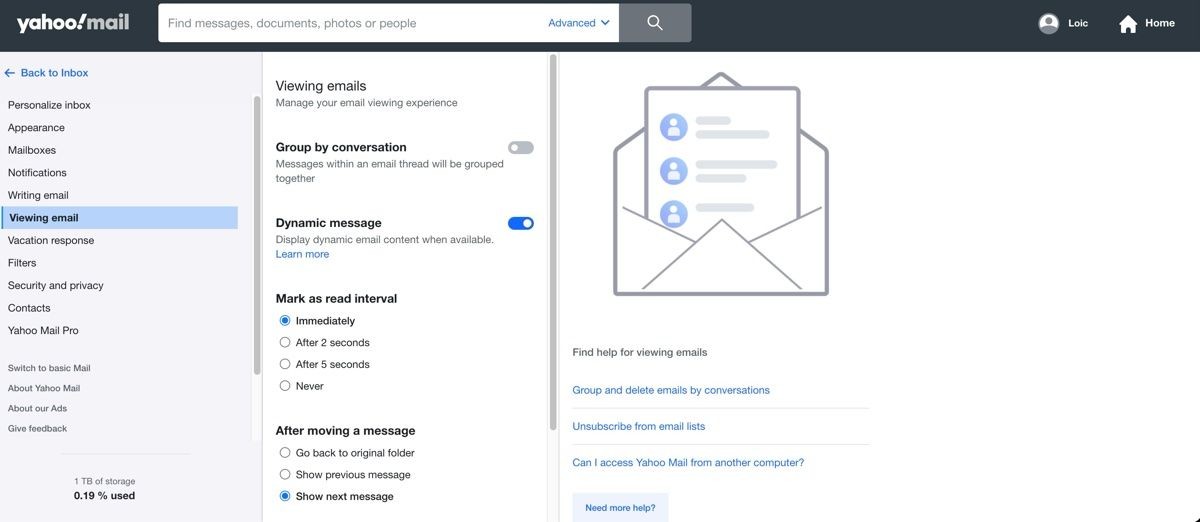 Ảnh chụp màn hình cài đặt Yahoo Mail cho thấy cách sắp xếp email