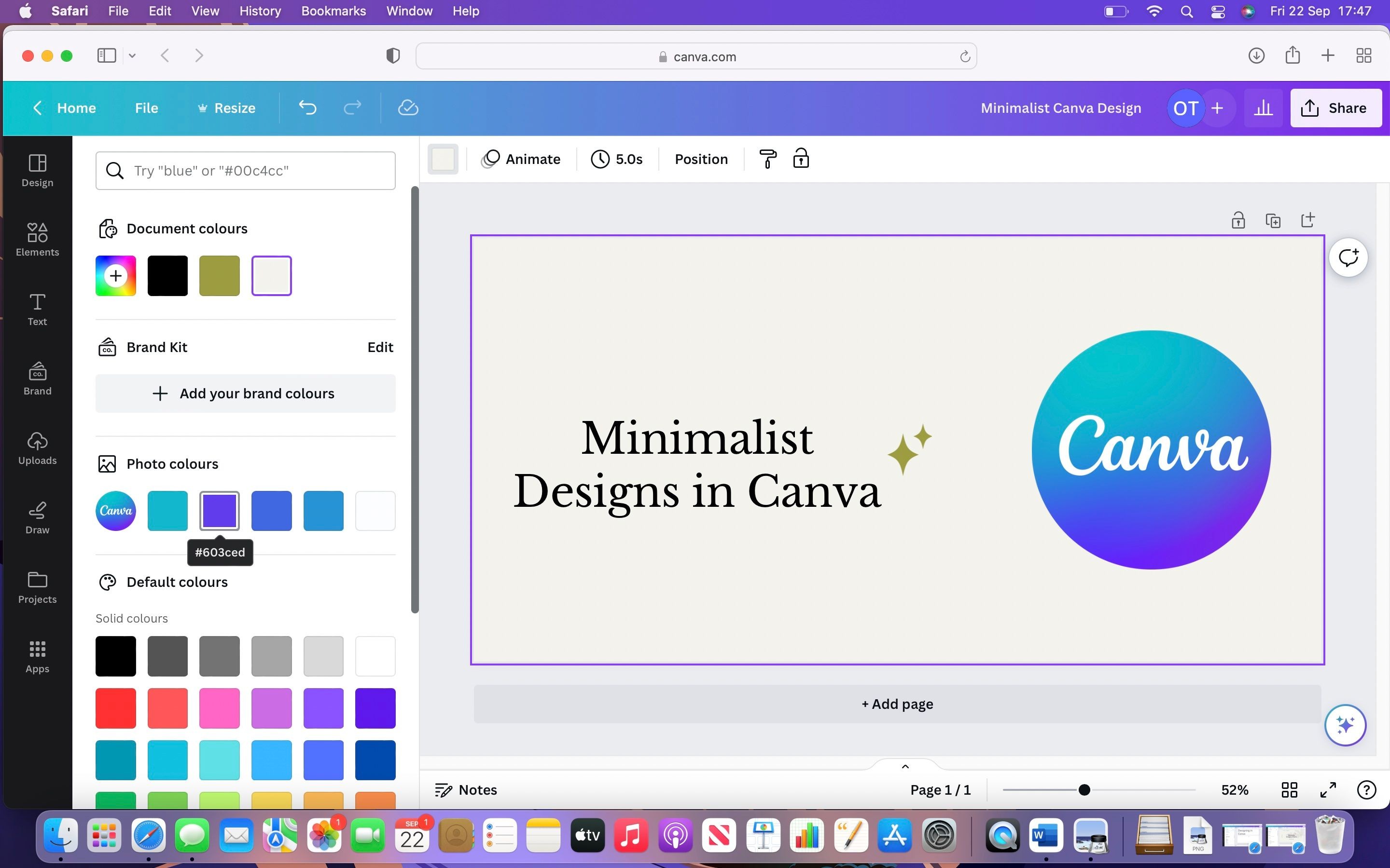 Ảnh chụp màn hình Canva hiển thị dự án được làm nổi bật, cùng với thanh thả xuống các tùy chọn màu sắc