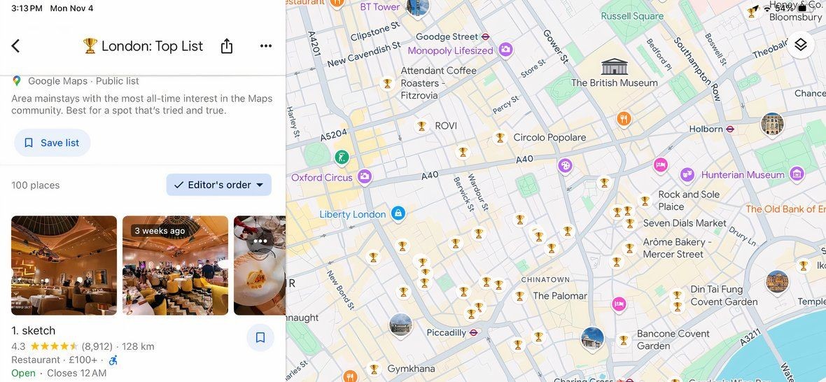 Ảnh chụp màn hình của danh sách các dịch vụ hàng đầu của Google Maps cho London.