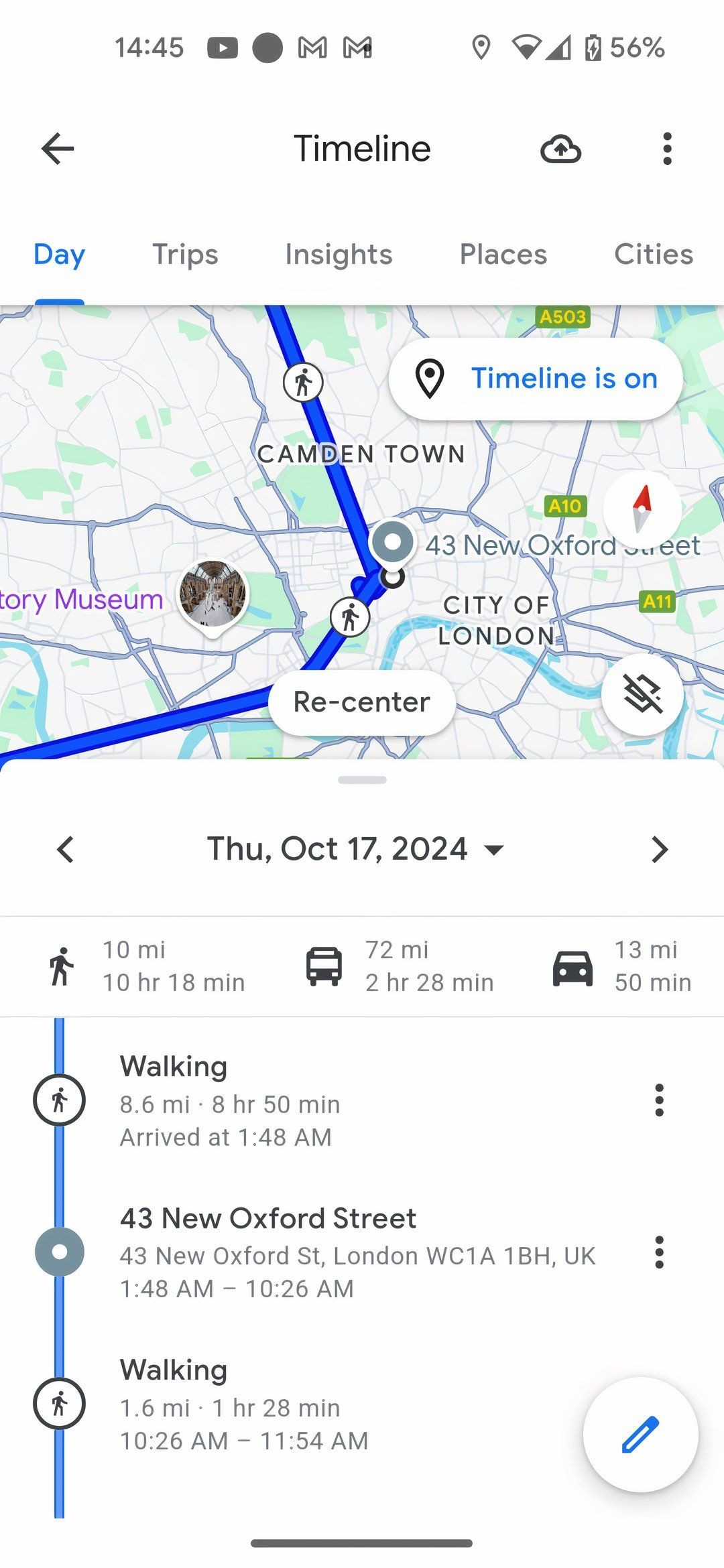 Ảnh chụp màn hình của Google Maps Movement Timeline.