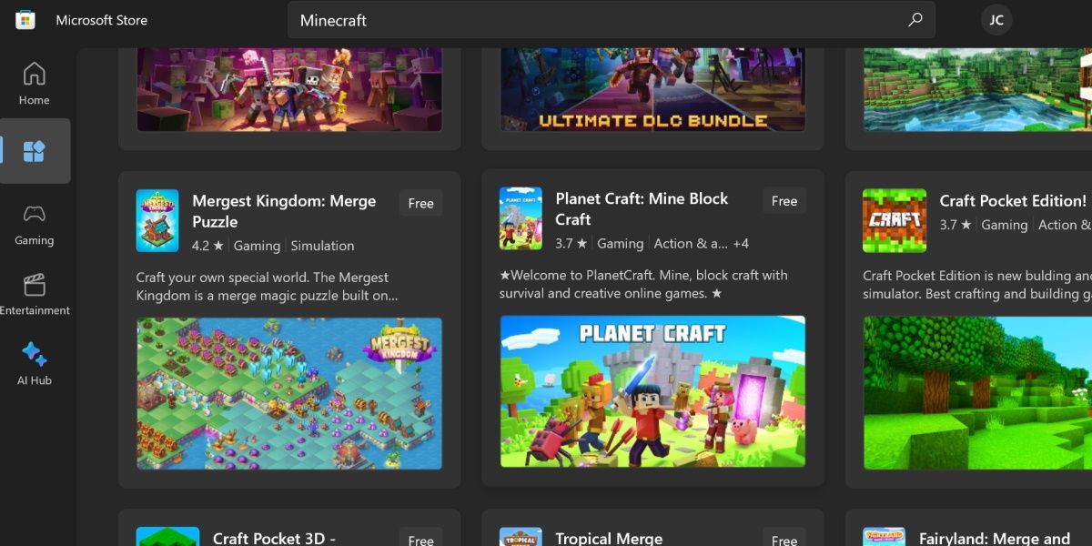 ảnh chụp màn hình của kết quả tìm kiếm Minecraft trên cửa hàng Windows