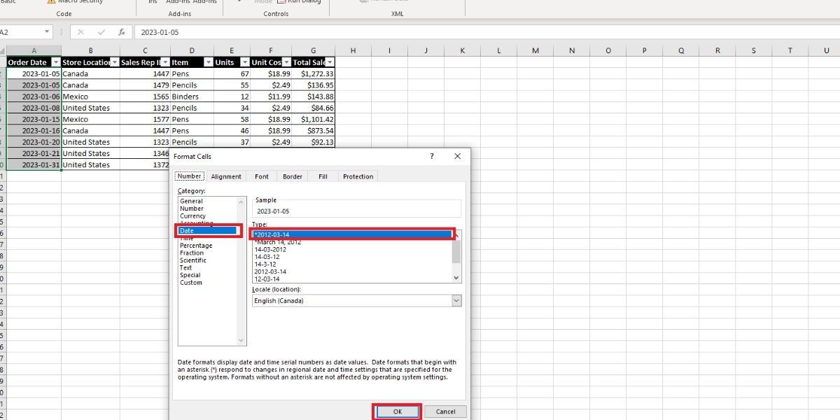 Ảnh chụp màn hình cửa sổ pop-up Format Cells trong Excel với mục Date được chọn ở bên trái và định dạng yyyy-mm-dd được chọn ở bên phải