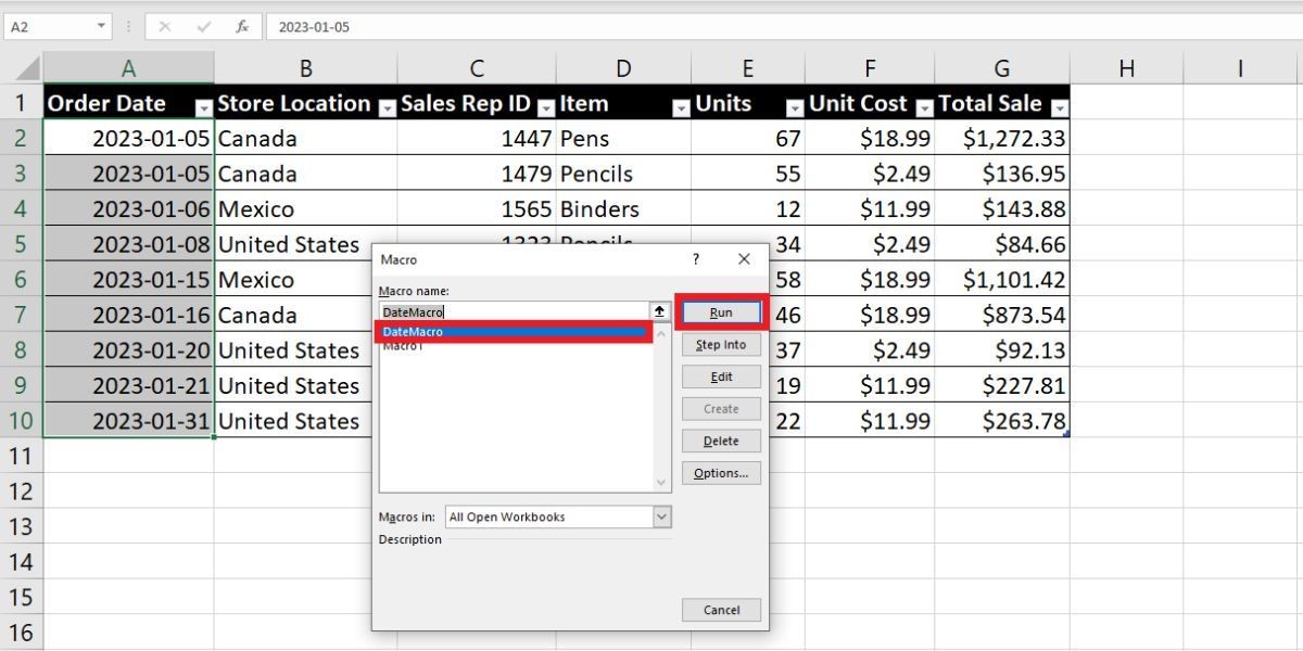 Ảnh chụp màn hình cửa sổ pop-up Run Macro trong Excel với tùy chọn chạy macro