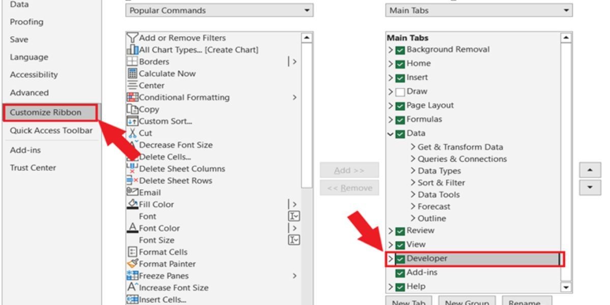 Ảnh chụp màn hình cửa sổ pop-up trong Excel với mục Customize Ribbon được chọn ở bên trái và ô xung quanh tab Developer ở bên phải