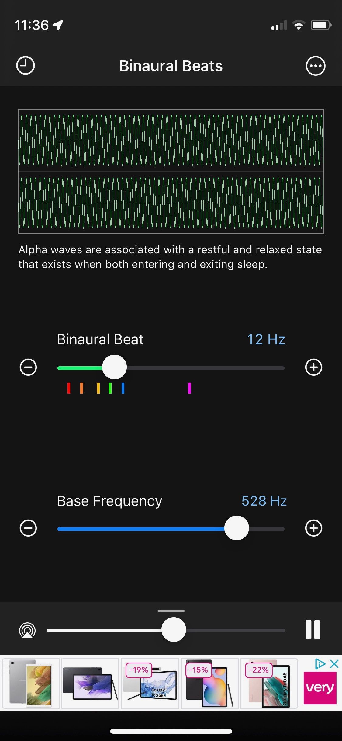 Ảnh chụp màn hình của ứng dụng Binaural Beats Generator màn hình chơi chính