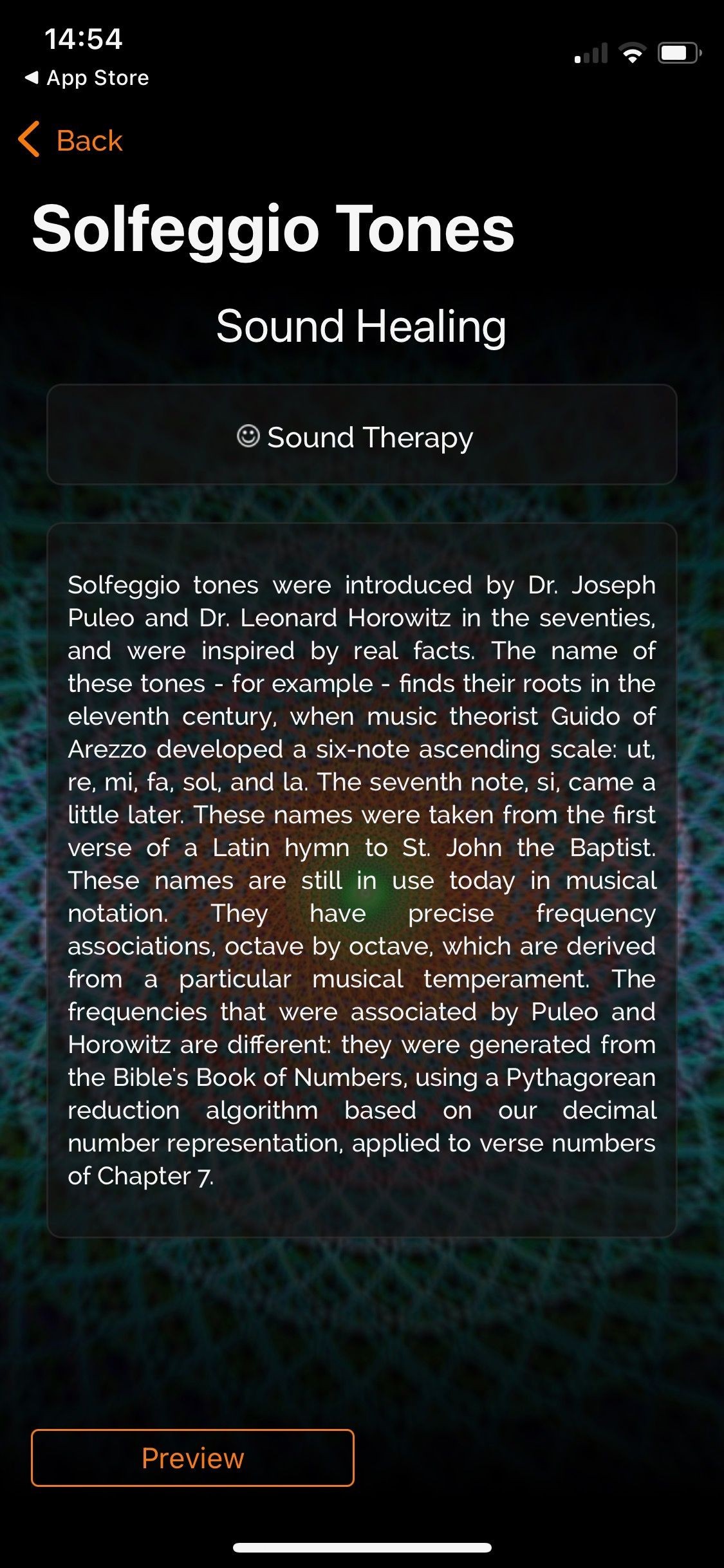 Ảnh chụp màn hình của ứng dụng myNoise giải thích về Solfeggio Tones