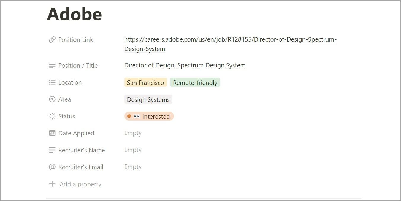 Ảnh chụp màn hình cuộc phỏng vấn công việc tại Adobe trong trình theo dõi Notion