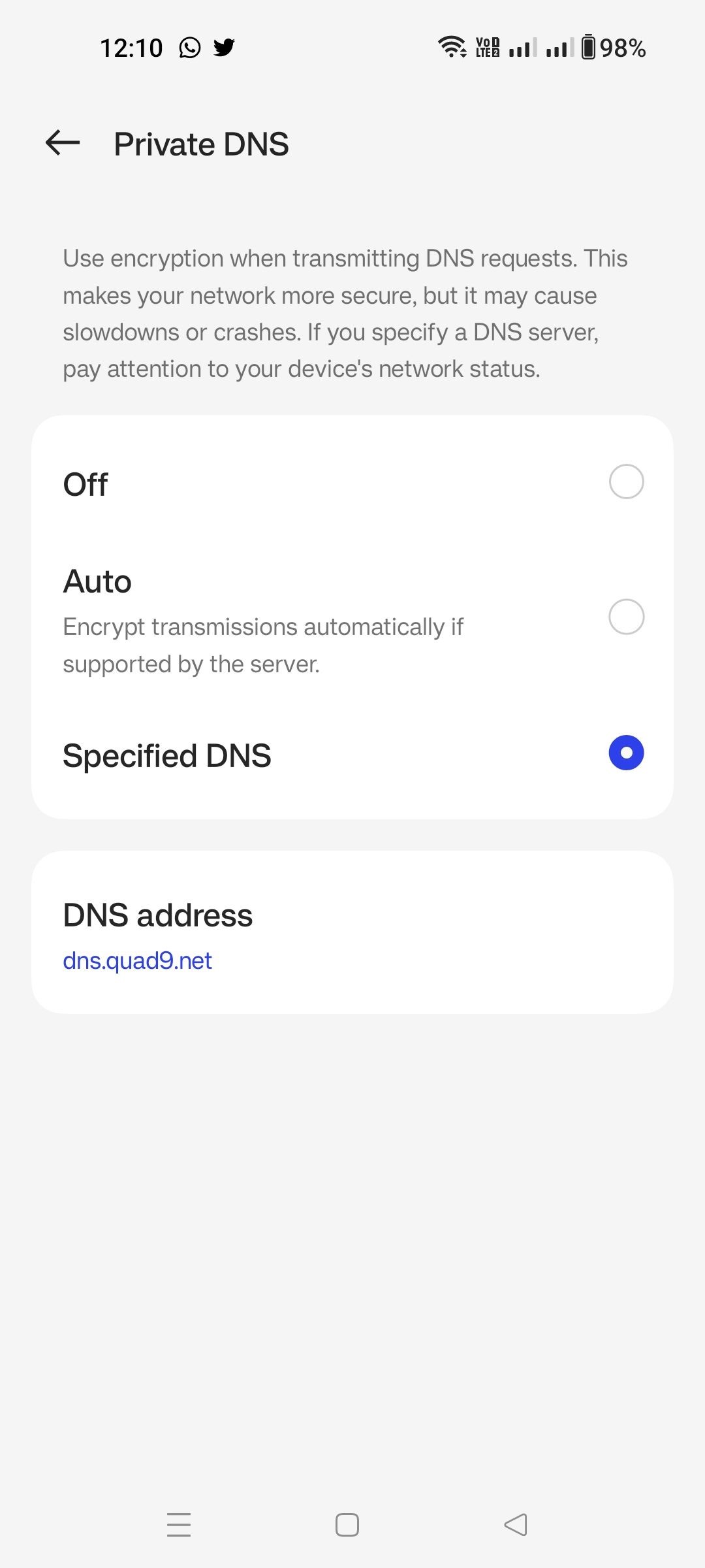 Ảnh chụp màn hình DNS riêng tư đã chỉ định