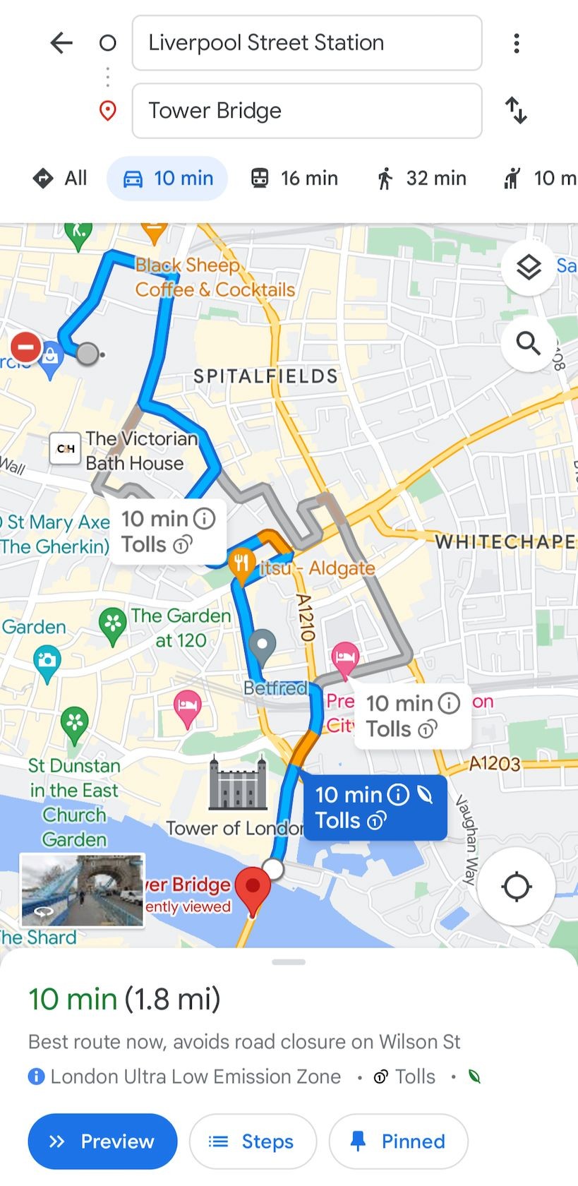 Ảnh chụp màn hình hiển thị tuyến đường đã ghim trong Google Maps
