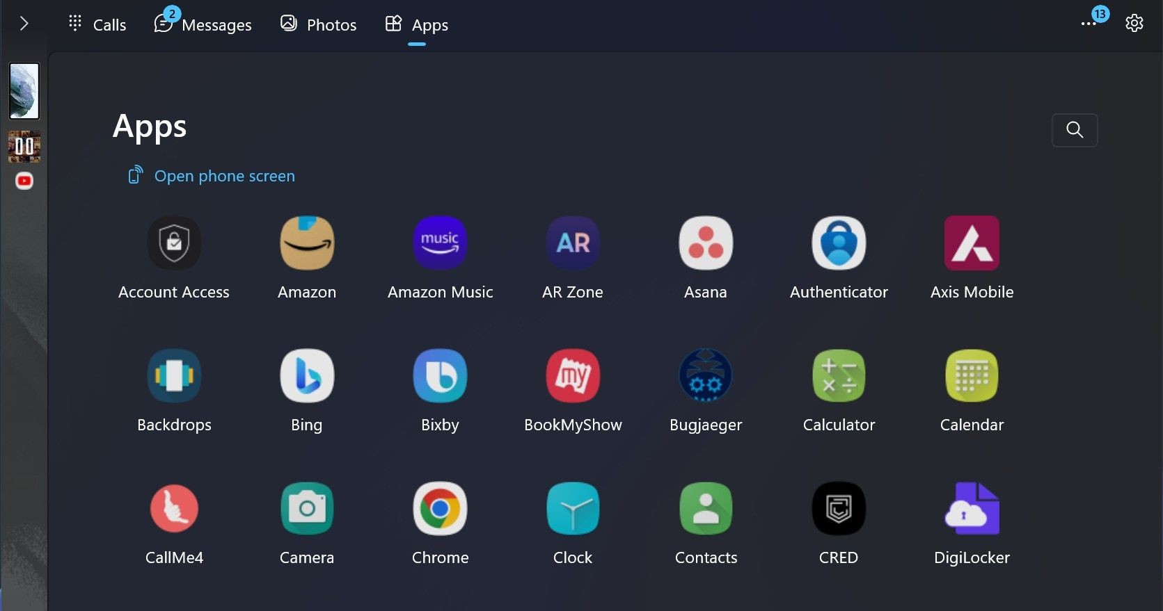 Ảnh chụp màn hình hiển thị ứng dụng Android trong ứng dụng Phone Link