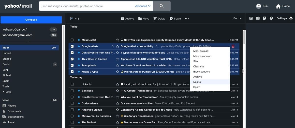 Ảnh chụp màn hình hộp thư Yahoo Mail cho thấy cách xóa nhiều email